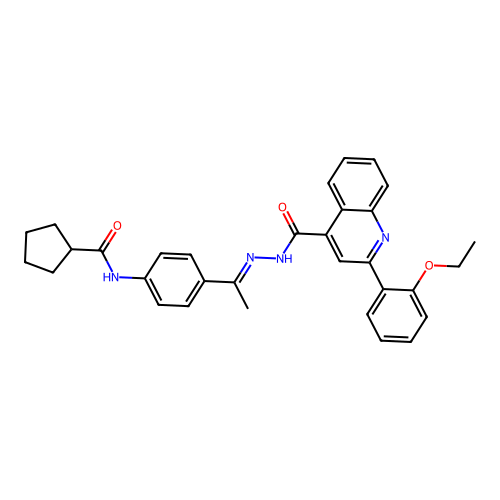N-[(E)-1-[4-(cyclopentanecarbonylamino)phenyl]ethylideneamino]-2-(2-ethoxyphenyl)quinoline-4-carboxamide structure