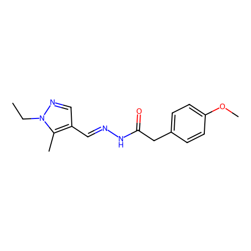 N-[(E)-(1-ethyl-5-methylpyrazol-4-yl)methylideneamino]-2-(4-methoxyphenyl)acetamide structure