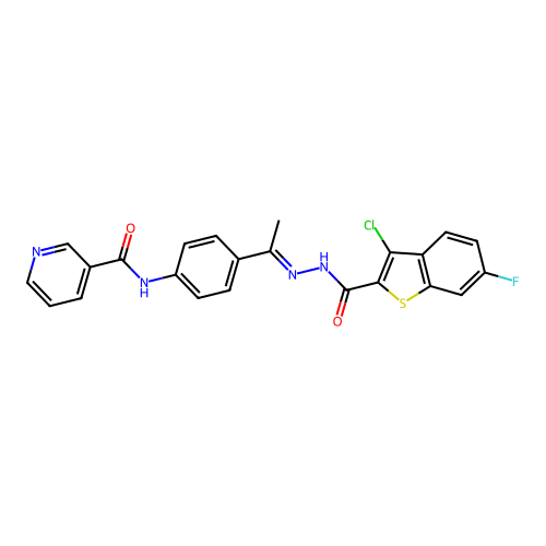 N-(4-{N-[(3-chloro-6-fluoro-1-benzothien-2-yl)carbonyl]ethanehydrazonoyl}phenyl)nicotinamide structure