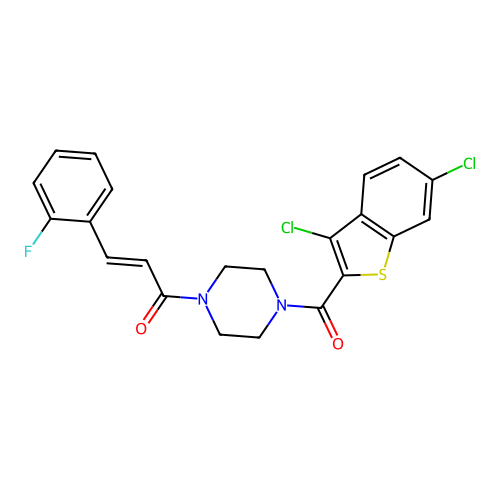 (E)-1-[4-(3,6-dichloro-1-benzothiophene-2-carbonyl)piperazin-1-yl]-3-(2-fluorophenyl)prop-2-en-1-one structure