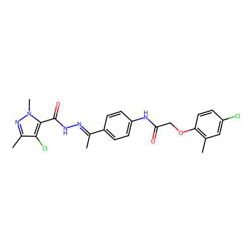 N-(4-{N-[(4-chloro-1,3-dimethyl-1H-pyrazol-5-yl)carbonyl]ethanehydrazonoyl}phenyl)-2-(4-chloro-2-methylphenoxy)acetamide structure