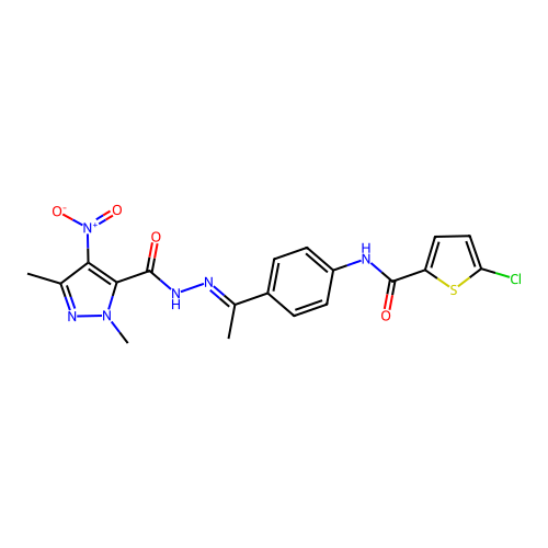 N-[(E)-1-[4-[(5-chlorothiophene-2-carbonyl)amino]phenyl]ethylideneamino]-2,5-dimethyl-4-nitropyrazole-3-carboxamide structure