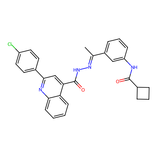 2-(4-chlorophenyl)-N-[(E)-1-[3-(cyclobutanecarbonylamino)phenyl]ethylideneamino]quinoline-4-carboxamide structure