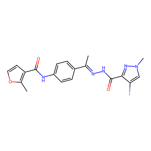 4-iodo-1-methyl-N-[(E)-1-[4-[(2-methylfuran-3-carbonyl)amino]phenyl]ethylideneamino]pyrazole-3-carboxamide structure