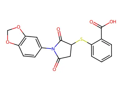 2-((1-(Benzo[d][1,3]dioxol-5-yl)-2,5-dioxopyrrolidin-3-yl)thio)benzoic acid structure