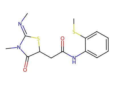2-(3-methyl-2-methylimino-4-oxo-1,3-thiazolidin-5-yl)-N-(2-methylsulfanylphenyl)acetamide structure