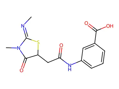 3-[2-(3-Methyl-2-methylimino-4-oxo-thiazolidin-5-yl)-acetylamino]-benzoic acid structure