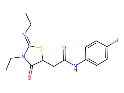 2-[(2E)-3-ethyl-2-(ethylimino)-4-oxo-1,3-thiazolidin-5-yl]-N-(4-iodophenyl)acetamide structure