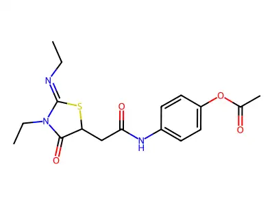 (E)-4-(2-(3-ethyl-2-(ethylimino)-4-oxothiazolidin-5-yl)acetamido)phenyl acetate structure