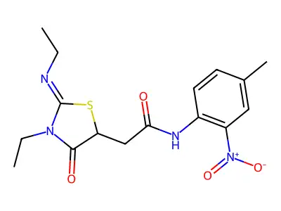 2-[(2E)-3-ethyl-2-(ethylimino)-4-oxo-1,3-thiazolidin-5-yl]-N-(4-methyl-2-nitrophenyl)acetamide structure