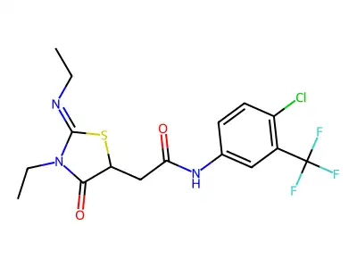 (Z)-N-(4-chloro-3-(trifluoromethyl)phenyl)-2-(3-ethyl-2-(ethylimino)-4-oxothiazolidin-5-yl)acetamide structure