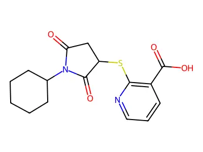 2-((1-Cyclohexyl-2,5-dioxopyrrolidin-3-yl)thio)nicotinic acid structure
