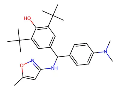 2,6-di-tert-butyl-4-((4-(dimethylamino)phenyl)((5-methylisoxazol-3-yl)amino)methyl)phenol structure