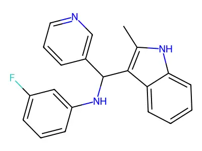 3-fluoro-N-((2-methyl-1H-indol-3-yl)(pyridin-3-yl)methyl)aniline structure