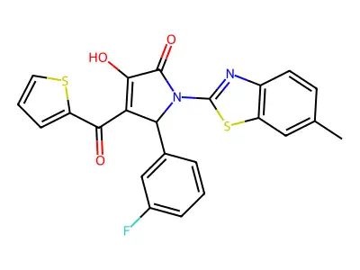 (4E)-5-(3-fluorophenyl)-4-[hydroxy(thiophen-2-yl)methylidene]-1-(6-methyl-1,3-benzothiazol-2-yl)pyrrolidine-2,3-dione structure