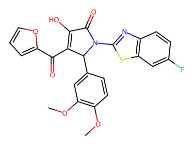 (4E)-5-(3,4-dimethoxyphenyl)-1-(6-fluoro-1,3-benzothiazol-2-yl)-4-[furan-2-yl(hydroxy)methylidene]pyrrolidine-2,3-dione structure