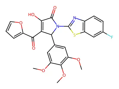 (4E)-1-(6-fluoro-1,3-benzothiazol-2-yl)-4-[furan-2-yl(hydroxy)methylidene]-5-(3,4,5-trimethoxyphenyl)pyrrolidine-2,3-dione structure