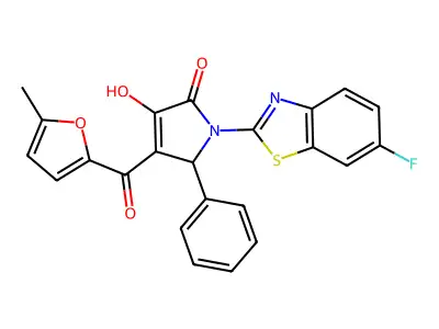 (4E)-1-(6-fluoro-1,3-benzothiazol-2-yl)-4-[hydroxy(5-methylfuran-2-yl)methylidene]-5-phenylpyrrolidine-2,3-dione structure