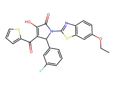 (4E)-1-(6-ethoxy-1,3-benzothiazol-2-yl)-5-(3-fluorophenyl)-4-[hydroxy(thiophen-2-yl)methylidene]pyrrolidine-2,3-dione structure