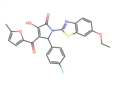 (4E)-1-(6-ethoxy-1,3-benzothiazol-2-yl)-5-(4-fluorophenyl)-4-[hydroxy(5-methylfuran-2-yl)methylidene]pyrrolidine-2,3-dione structure
