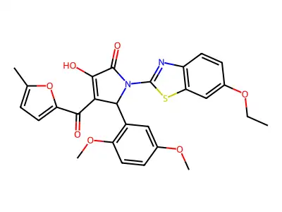 (4E)-5-(2,5-dimethoxyphenyl)-1-(6-ethoxy-1,3-benzothiazol-2-yl)-4-[hydroxy(5-methylfuran-2-yl)methylidene]pyrrolidine-2,3-dione structure