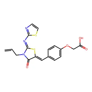 2-[4-[(Z)-[4-oxo-3-prop-2-enyl-2-(1,3-thiazol-2-ylimino)-1,3-thiazolidin-5-ylidene]methyl]phenoxy]acetic acid structure