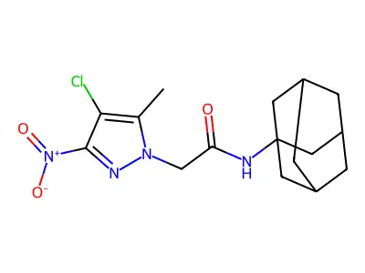 N-(1-adamantyl)-2-(4-chloro-5-methyl-3-nitropyrazol-1-yl)acetamide structure