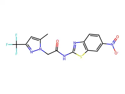 2-[5-methyl-3-(trifluoromethyl)pyrazol-1-yl]-N-(6-nitro-1,3-benzothiazol-2-yl)acetamide structure