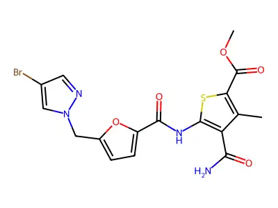 Methyl 4-(aminocarbonyl)-5-[[[5-[(4-bromo-1H-pyrazol-1-yl)methyl]-2-furanyl]carbonyl]amino]-3-methyl-2-thiophenecarboxylate structure