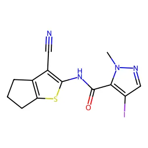 N-(3-cyano-5,6-dihydro-4H-cyclopenta[b]thiophen-2-yl)-4-iodo-2-methylpyrazole-3-carboxamide structure