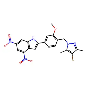 2-[4-[(4-bromo-3,5-dimethylpyrazol-1-yl)methyl]-3-methoxyphenyl]-4,6-dinitro-1H-indole structure