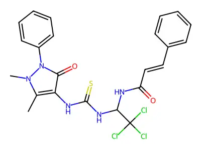 (E)-3-phenyl-N-[2,2,2-trichloro-1-[(1,5-dimethyl-3-oxo-2-phenylpyrazol-4-yl)carbamothioylamino]ethyl]prop-2-enamide structure