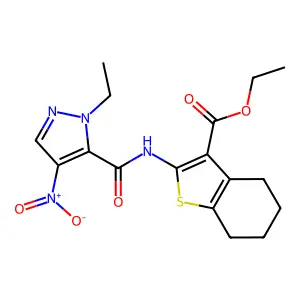ethyl 2-[({1-ethyl-4-nitro-1H-pyrazol-5-yl}carbonyl)amino]-4,5,6,7-tetrahydro-1-benzothiophene-3-carboxylate structure