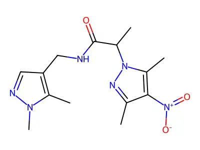 2-(3,5-dimethyl-4-nitro-1H-pyrazol-1-yl)-N-[(1,5-dimethyl-1H-pyrazol-4-yl)methyl]propanamide structure
