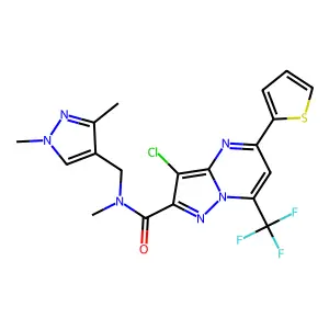 3-chloro-N-[(1,3-dimethylpyrazol-4-yl)methyl]-N-methyl-5-thiophen-2-yl-7-(trifluoromethyl)pyrazolo[1,5-a]pyrimidine-2-carboxamide structure