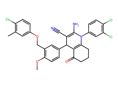2-amino-4-[3-[(4-chloro-3-methylphenoxy)methyl]-4-methoxyphenyl]-1-(3,4-dichlorophenyl)-5-oxo-4,6,7,8-tetrahydroquinoline-3-carbonitrile structure