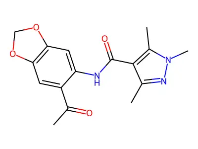 N-(6-acetyl-1,3-benzodioxol-5-yl)-1,3,5-trimethylpyrazole-4-carboxamide structure
