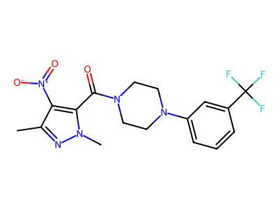 (2,5-dimethyl-4-nitropyrazol-3-yl)-[4-[3-(trifluoromethyl)phenyl]piperazin-1-yl]methanone structure