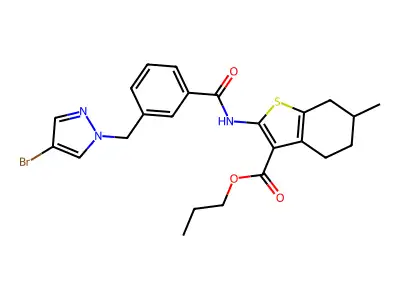 propyl 2-({3-[(4-bromo-1H-pyrazol-1-yl)methyl]benzoyl}amino)-6-methyl-4,5,6,7-tetrahydro-1-benzothiophene-3-carboxylate structure