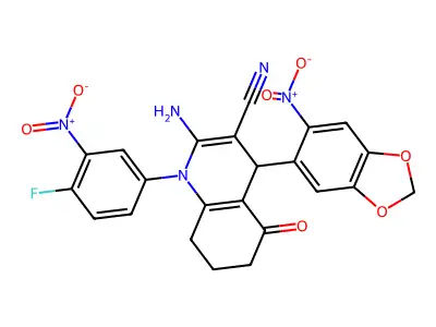 2-amino-1-{4-fluoro-3-nitrophenyl}-4-{6-nitro-1,3-benzodioxol-5-yl}-5-oxo-1,4,5,6,7,8-hexahydro-3-quinolinecarbonitrile structure