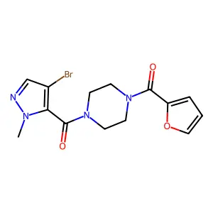 1-[(4-bromo-1-methyl-1H-pyrazol-5-yl)carbonyl]-4-(2-furoyl)piperazine structure