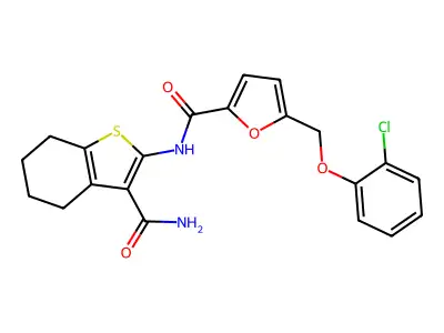 N-(3-carbamoyl-4,5,6,7-tetrahydro-1-benzothiophen-2-yl)-5-[(2-chlorophenoxy)methyl]furan-2-carboxamide structure