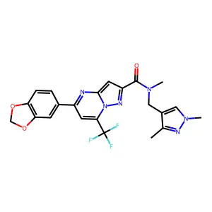 5-(1,3-benzodioxol-5-yl)-N-[(1,3-dimethyl-1H-pyrazol-4-yl)methyl]-N-methyl-7-(trifluoromethyl)pyrazolo[1,5-a]pyrimidine-2-carboxamide structure