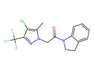 2-[4-chloro-5-methyl-3-(trifluoromethyl)pyrazol-1-yl]-1-(2,3-dihydroindol-1-yl)ethanone structure