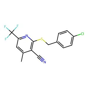 2-[(4-chlorophenyl)methylsulfanyl]-4-methyl-6-(trifluoromethyl)pyridine-3-carbonitrile structure