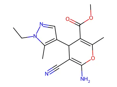 methyl 6-amino-5-cyano-4-(1-ethyl-5-methyl-1H-pyrazol-4-yl)-2-methyl-4H-pyran-3-carboxylate structure