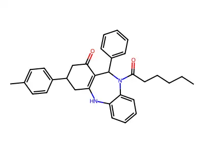 10-hexanoyl-3-(4-methylphenyl)-11-phenyl-2,3,4,5,10,11-hexahydro-1H-dibenzo[b,e][1,4]diazepin-1-one structure
