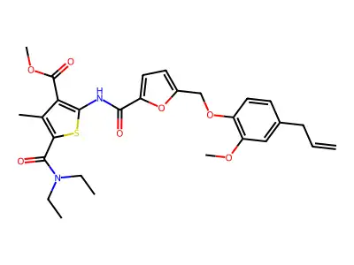 methyl 2-({5-[(4-allyl-2-methoxyphenoxy)methyl]-2-furoyl}amino)-5-[(diethylamino)carbonyl]-4-methyl-3-thiophenecarboxylate structure