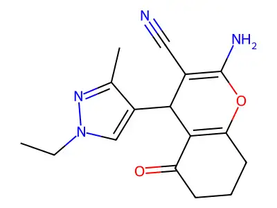 2-amino-4-(1-ethyl-3-methylpyrazol-4-yl)-5-oxo-4,6,7,8-tetrahydrochromene-3-carbonitrile structure