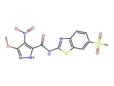 3-methoxy-N-(6-methylsulfonyl-1,3-benzothiazol-2-yl)-4-nitro-1H-pyrazole-5-carboxamide structure